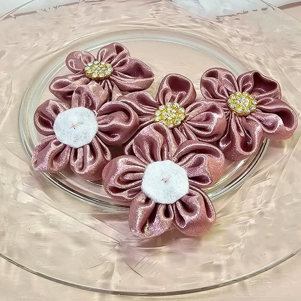 5pc Satin Sparkle Fabric Flower Set with Rhinestone Centers, Dusty Rose